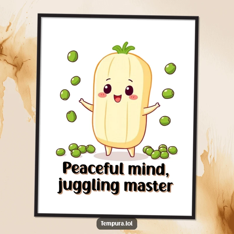 Funny Free Printable Wall Art: A tempura vegetable character skillfully juggling small peas, bringing playful kitchen humor to life.