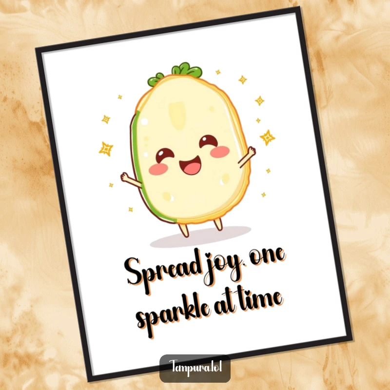 Funny Free Printable Wall Art depicting a happy tempura vegetable slice joyfully juggling tiny, shimmering sparkles.