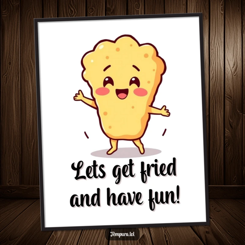 Funny Free Printable Wall Art of a tempura batter character doing a silly, energetic dance, adding quirky charm to decor.