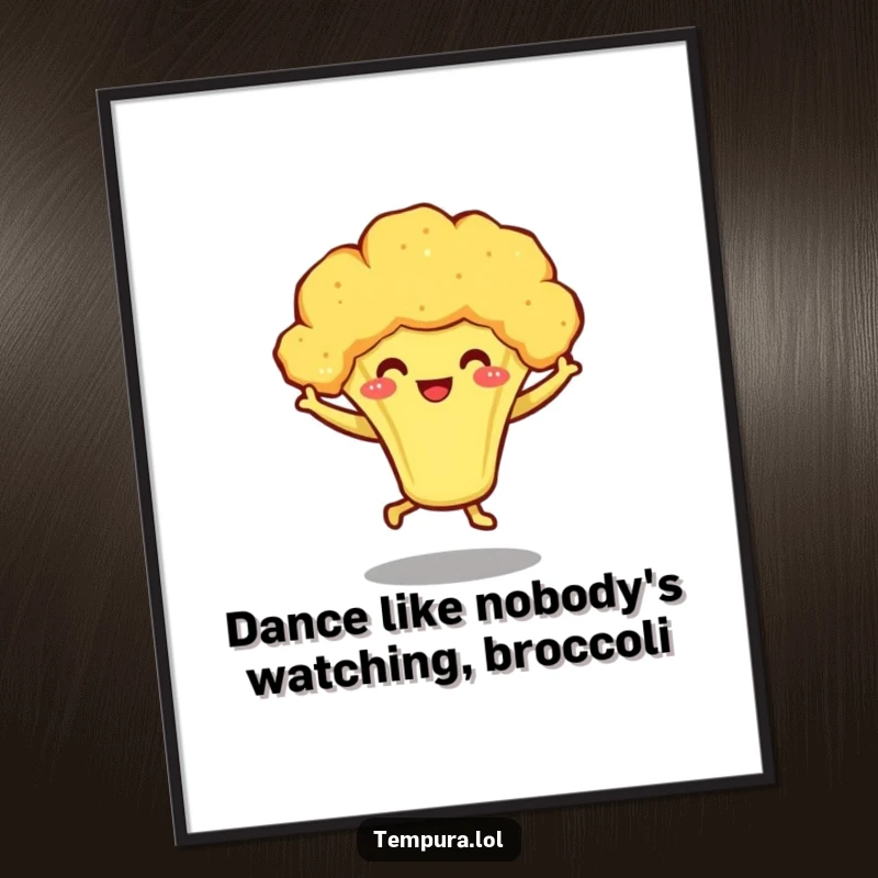 Funny Free Printable Tempura Broccoli Wall Art: A smiling broccoli character joyfully dancing with its tiny, energetic legs.