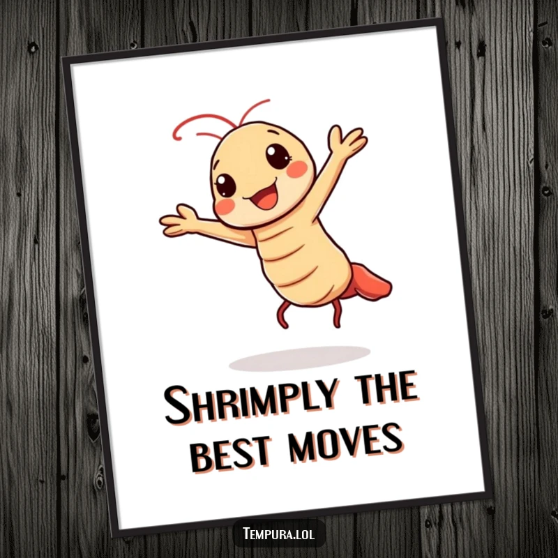Funny Free Printable Wall Art: Kawaii Tempura Shrimp Character Doing a Cheerful Energetic Dance