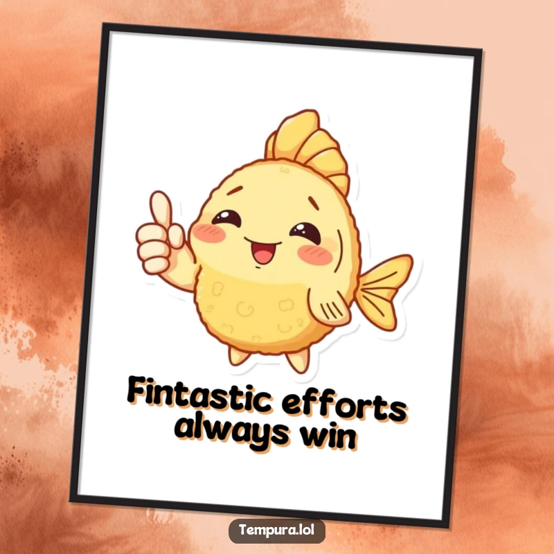 Funny Free Printable wall art of a tempura breaded fish character giving a big, confident, cheerful thumbs up.