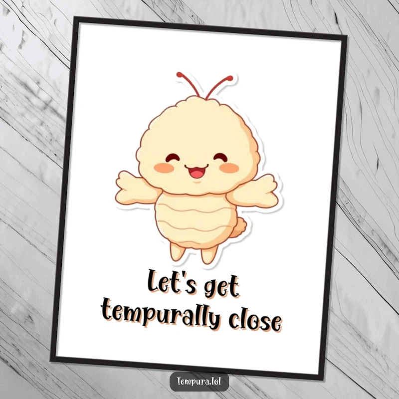 Funny Free Printable Wall Art depicting a fluffy tempura shrimp character with arms outstretched, offering a sweet and silly hug.