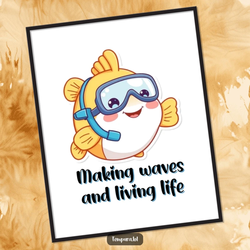 Funny Free Printable Wall Art featuring a happy tempura fish character wearing a snorkel, bringing underwater humor to any room.