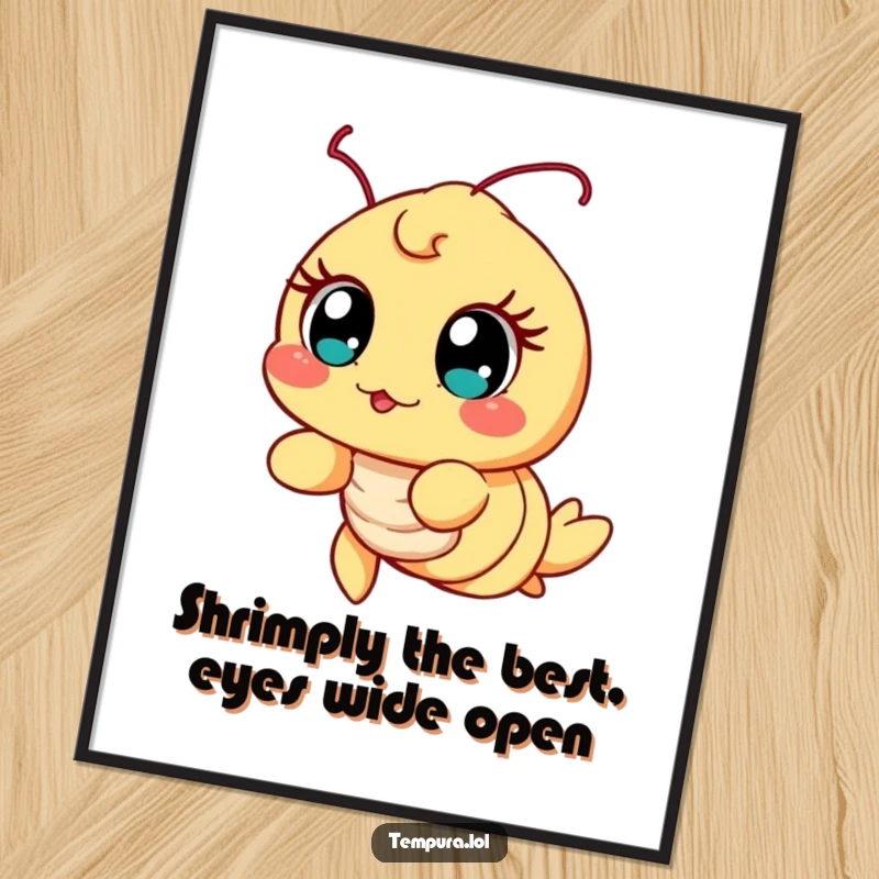 Funny Free Printable Wall Art: A tempura shrimp character with huge, excited eyes, expressing delightful surprise and joy.