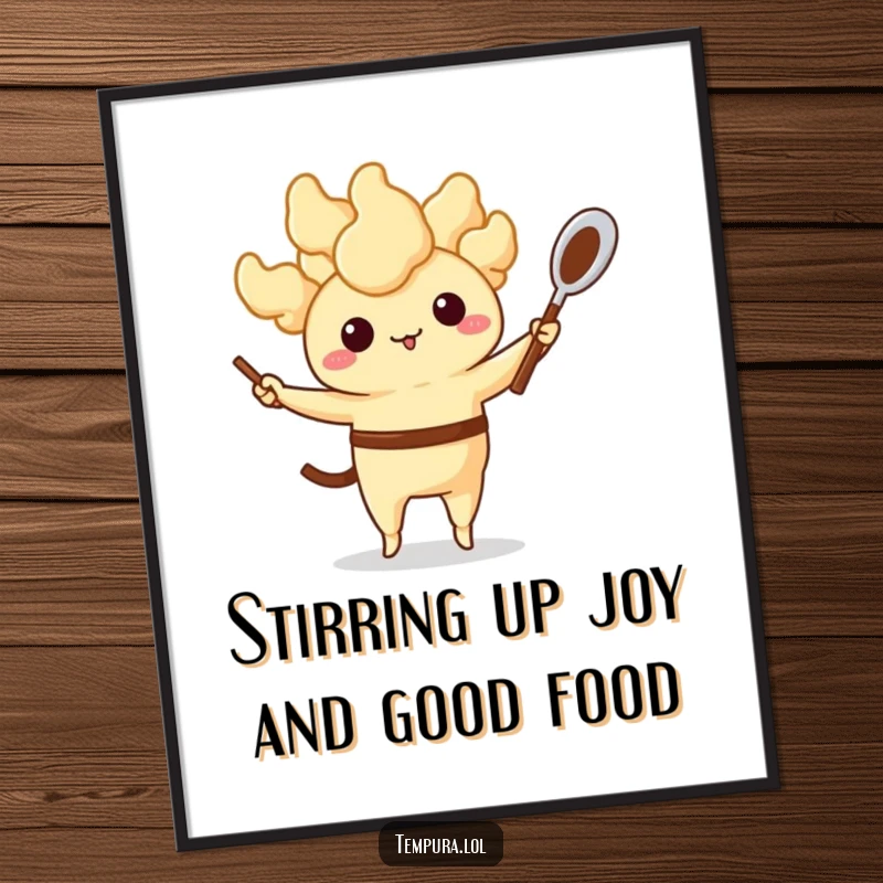Funny free printable wall art depicting an anthropomorphic tempura character skillfully juggling a tiny whisk and spoon.