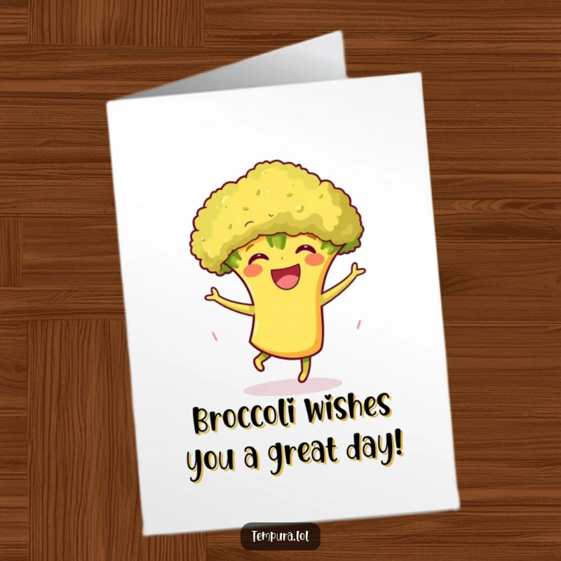 Funny Free Printable Birthday Card featuring a grinning tempura broccoli character doing a joyful, energetic little dance.