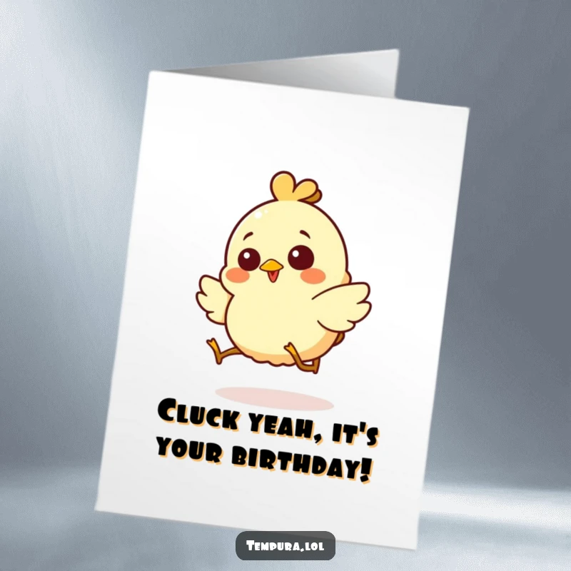Funny Free Printable Birthday Card: Giggling chicken tempura character hopping joyfully with a silly expression.
