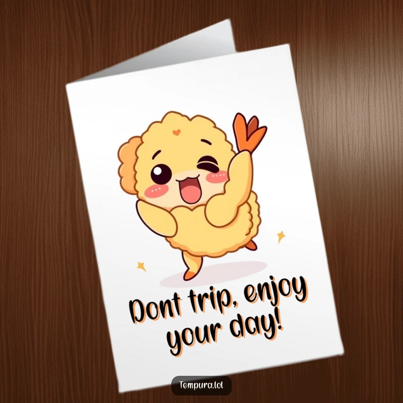 Funny Free Printable Birthday Card: A tempura shrimp comically tumbles, tripped by its own crispy coating. Hilarious downloadable design.