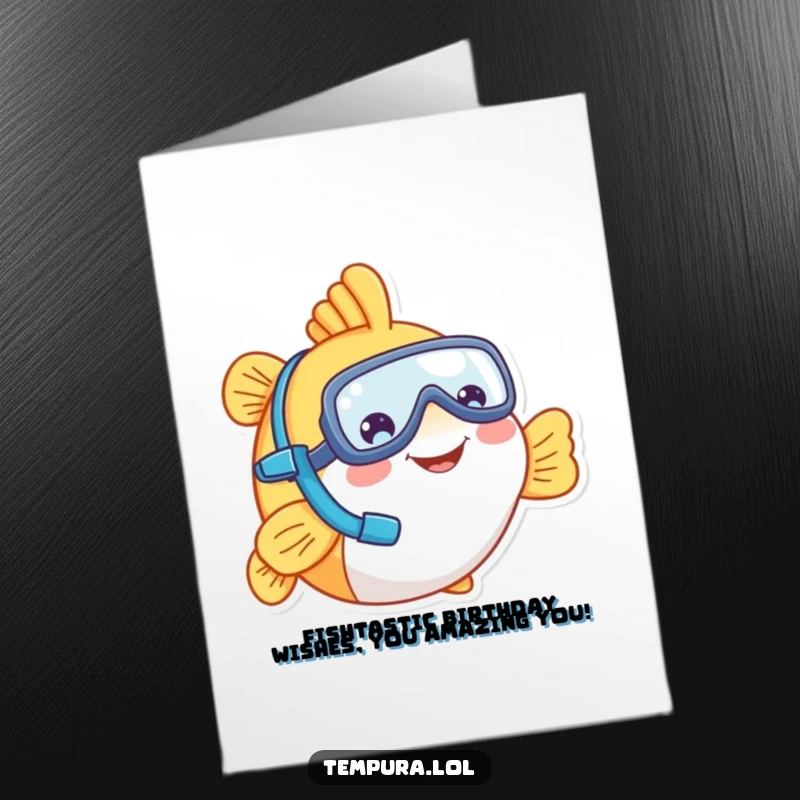 Funny Free Printable Birthday Card featuring a cheerful tempura fish character wearing a tiny snorkel, ready for a birthday adventure.