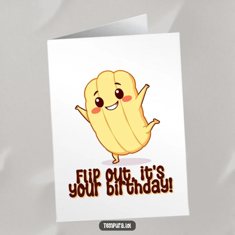 Funny Free Printable Birthday Card: Kawaii tempura character doing a joyful cartwheel with a big grin, a hilarious downloadable gift.