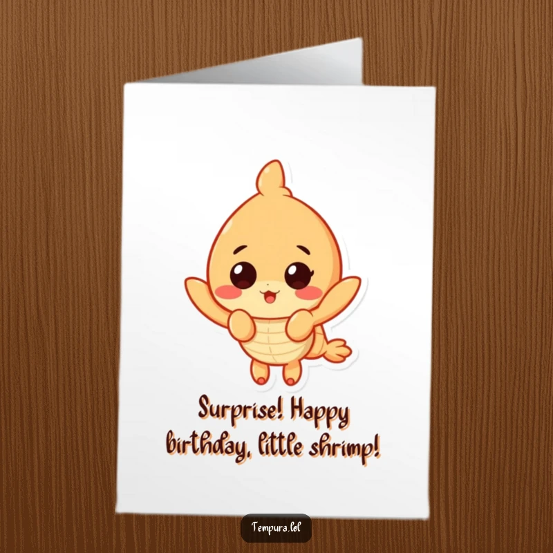 Funny Free Printable Birthday Card featuring a tempura shrimp character with a comically surprised expression, ready for cake.