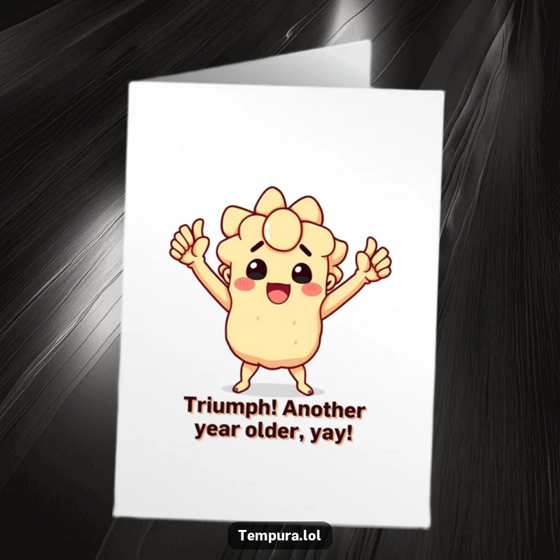 Funny Free Printable Birthday Card: Tempura character striking a funny, triumphant pose to celebrate.