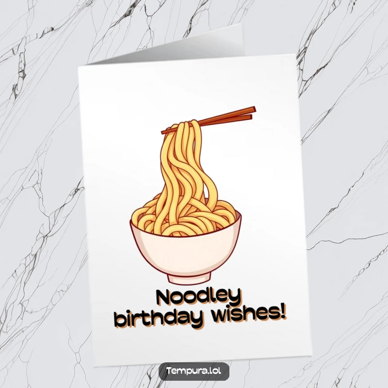 Funny Free Printable Birthday Card: A playful udon noodle twirling with delight, wishing a happy birthday.