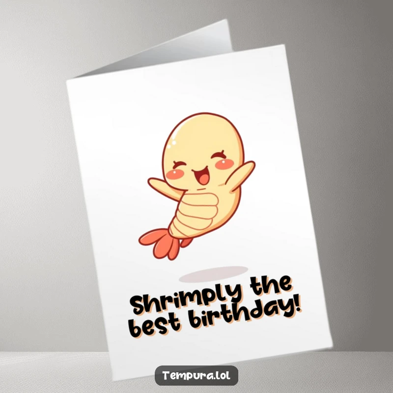 Funny Free Printable Birthday Card: A ecstatic tempura shrimp jumping with joy, ready to celebrate a special day.