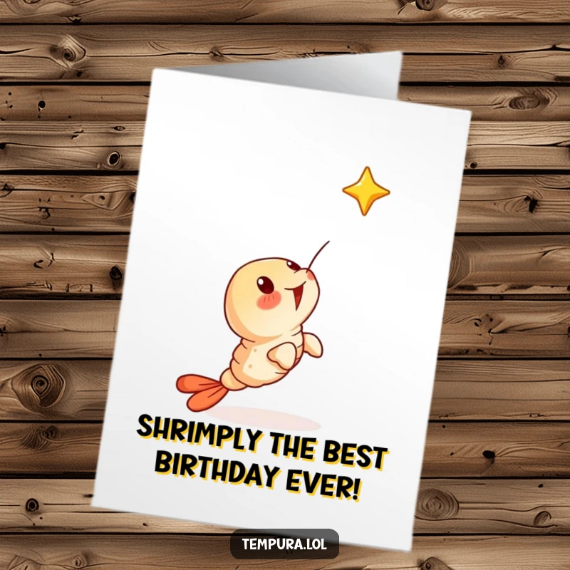 Funny Free Printable Birthday Card: Tempura shrimp surprisedly looking up at a falling star, full of wonder.