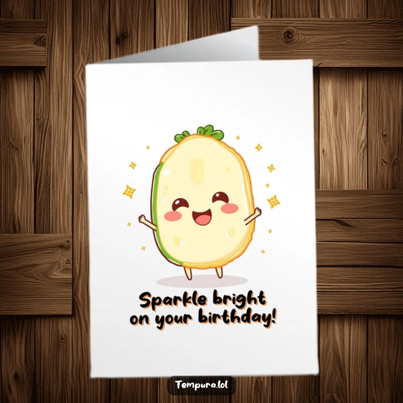 Funny Free Printable Birthday Card featuring a happy tempura vegetable slice juggling tiny, sparkling lights with delight.