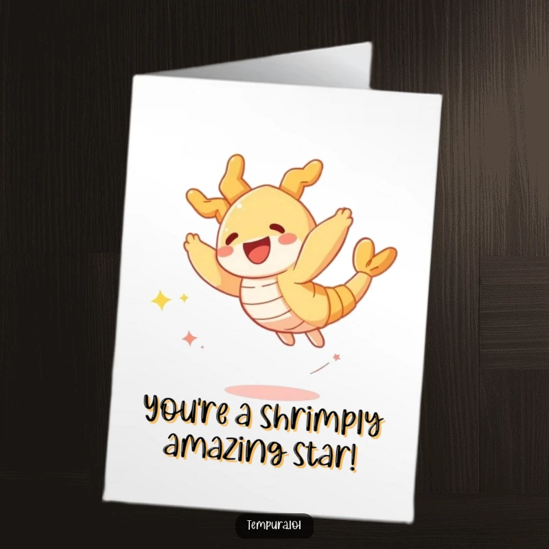 Funny Free Printable Tempura Shrimp Birthday Card: A joyful tempura shrimp character leaping with a trail of glitter.