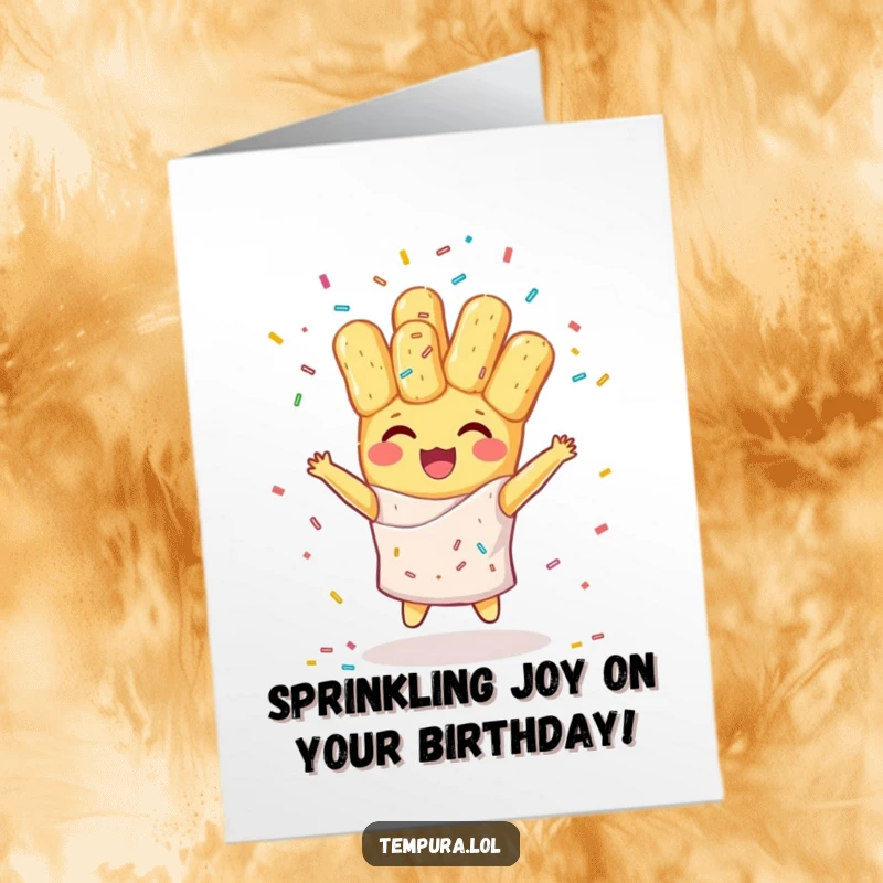 Funny Free Printable Birthday Card: Tempura character happily juggling colorful sprinkles with a smile.