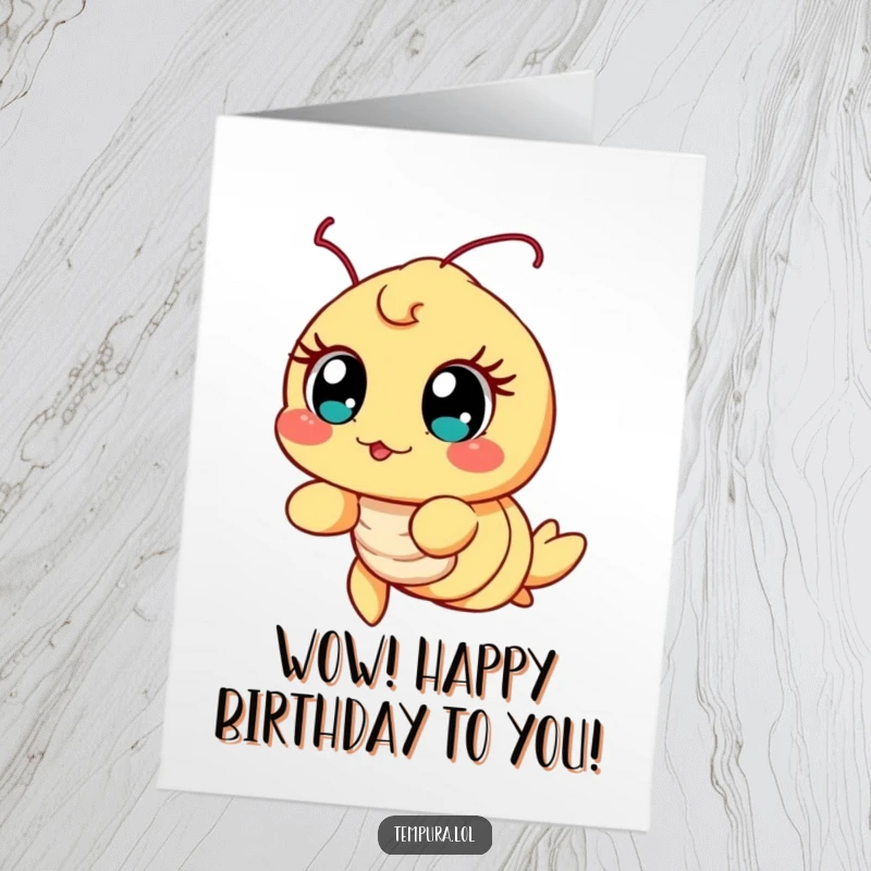 Funny Free Printable Birthday Card: A tempura shrimp character with huge, excited eyes, expressing pure birthday enthusiasm.