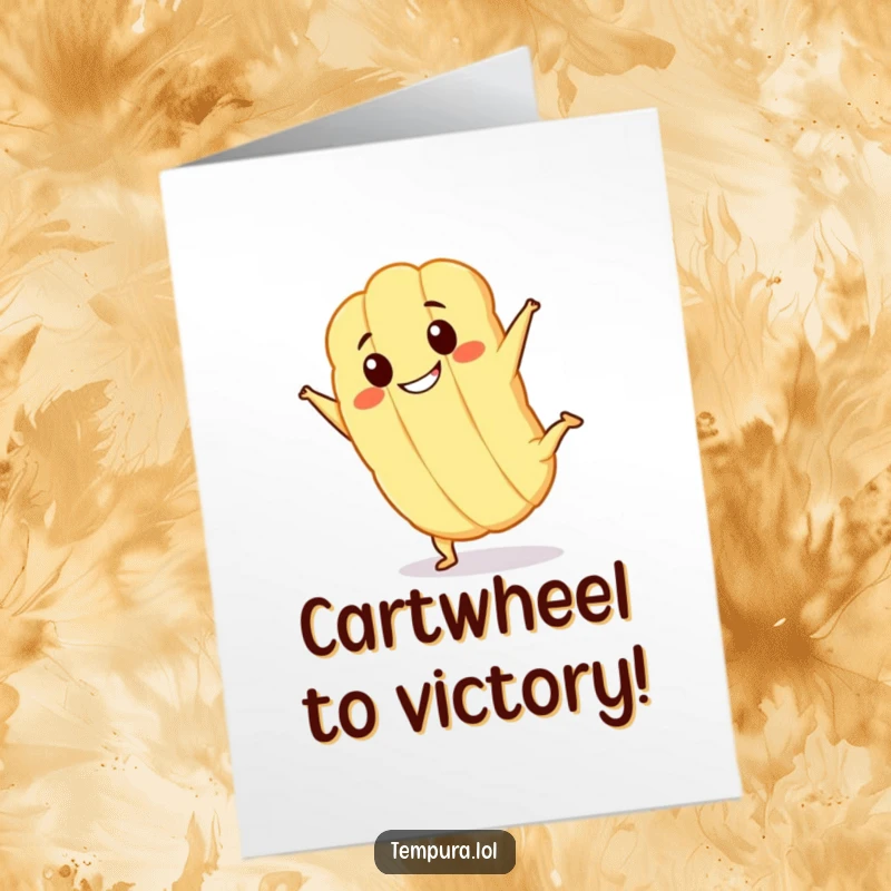Funny Free Printable Congratulations Card: A grinning Kawaii tempura character performing a cartwheel, celebrating success with a humorous, downloadable design.