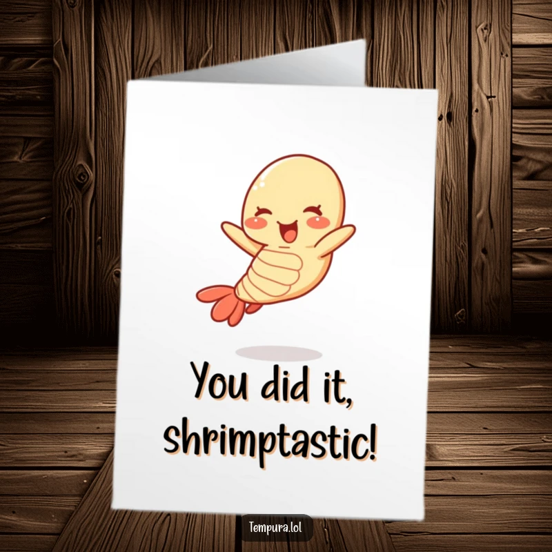 Funny Free Printable Congratulations Card: A happy tempura shrimp mid-air jump, conveying exciting and humorous congratulations.