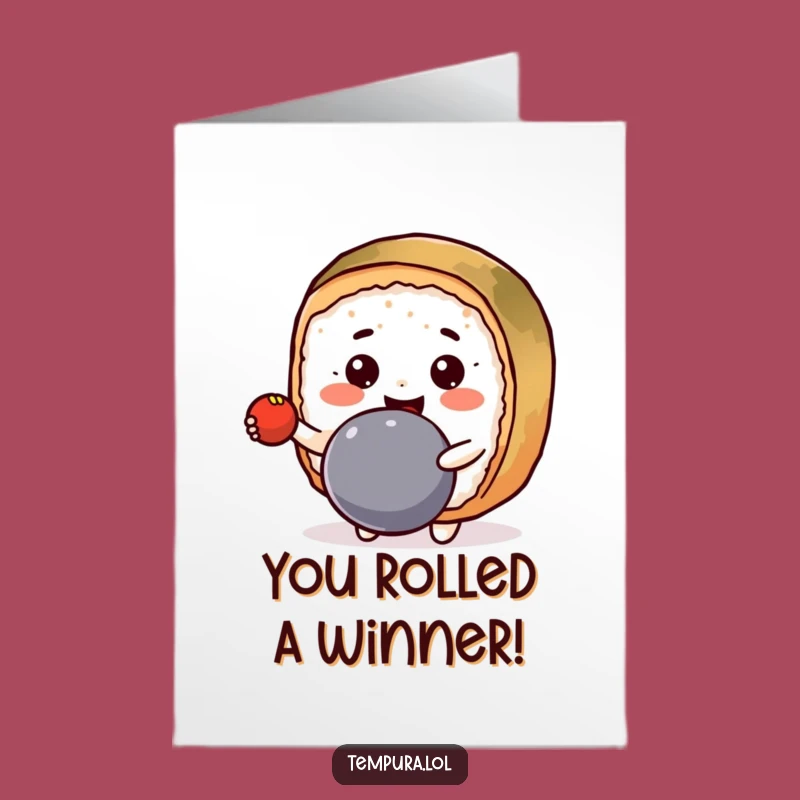 Free Printable Congrats Card: Bouncing Sushi Roll Victory! Downloadable Funny Gift.