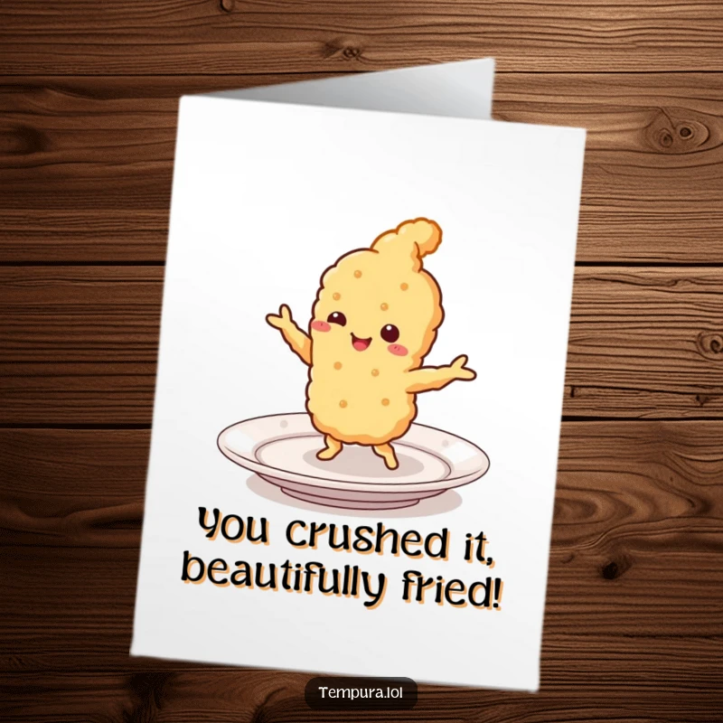 Free printable congratulations card with a smiling tempura piece doing a lively jig on a plate.