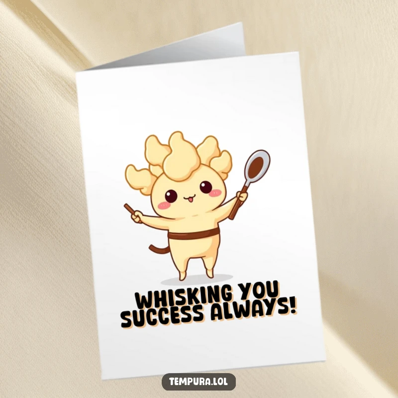 Free printable congratulations card featuring an anthropomorphic tempura character juggling a tiny whisk and spoon.