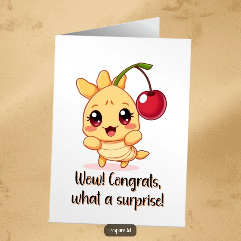 Funny Free Printable Congratulations Card showing a tempura shrimp character’s eyes wide with surprise at an unexpected floating cherry.