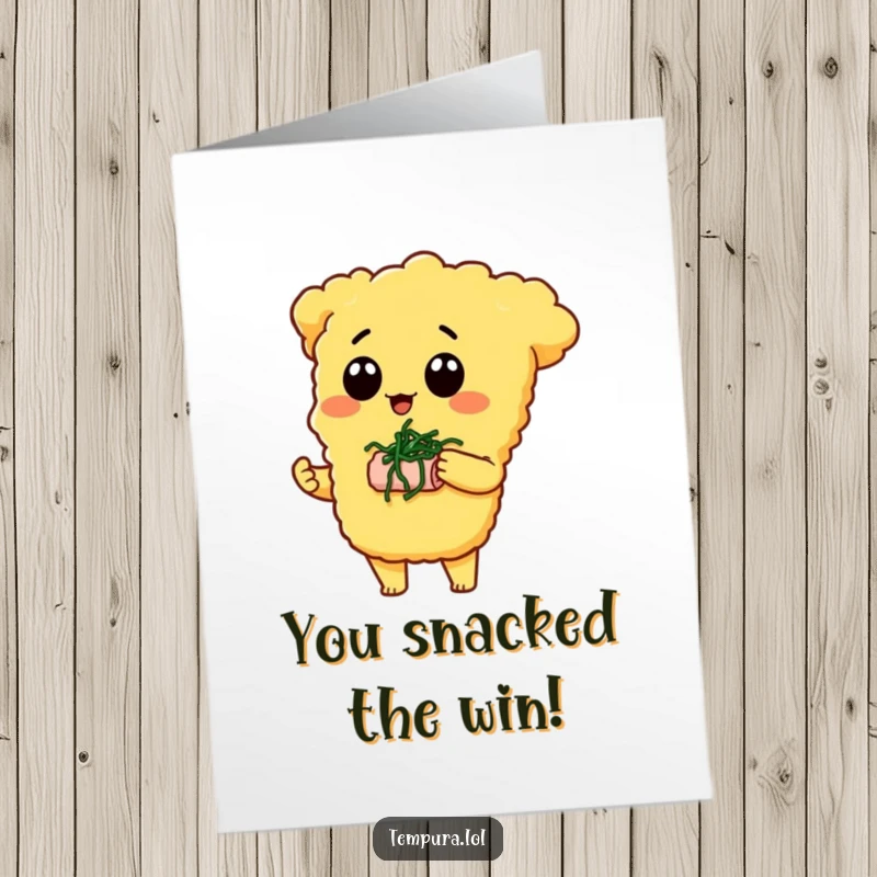 Funny Free Printable Congratulations Card featuring a tempura character offering a small seaweed snack.