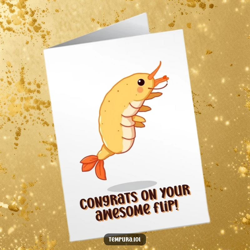 Funny Free Printable Congratulations Card depicting a tempura shrimp doing a cartwheel, celebrating success with zest.