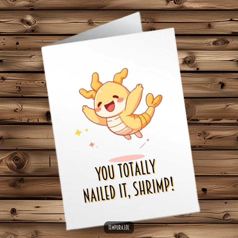 Funny Free Printable Tempura Shrimp Congratulations Card: A celebratory tempura shrimp leaping with sparkling trails.