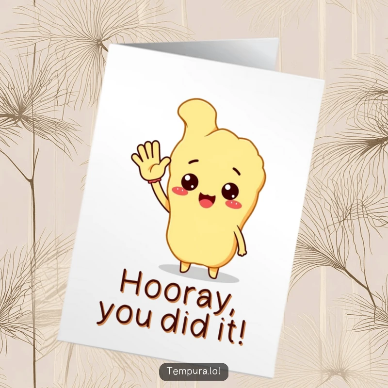 Funny free printable congratulations card featuring a happy tempura character giving an enthusiastic wave hello, celebrating achievements with glee.