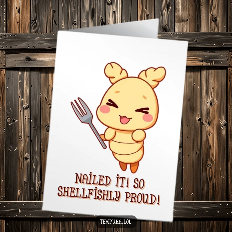 Free Printable Congratulations Card featuring a tempura shrimp character winking mischievously with a tiny fork.