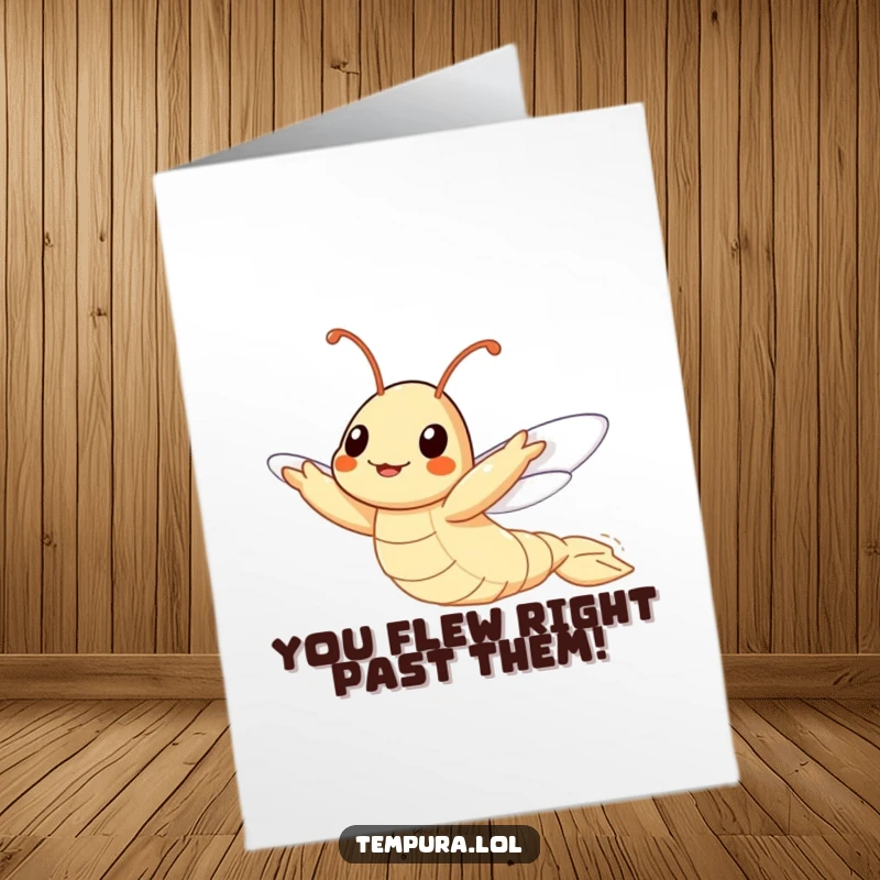 Funny Free Printable Congrats Card: A tempura shrimp character hilariously trying to fly, celebrating reaching new heights.