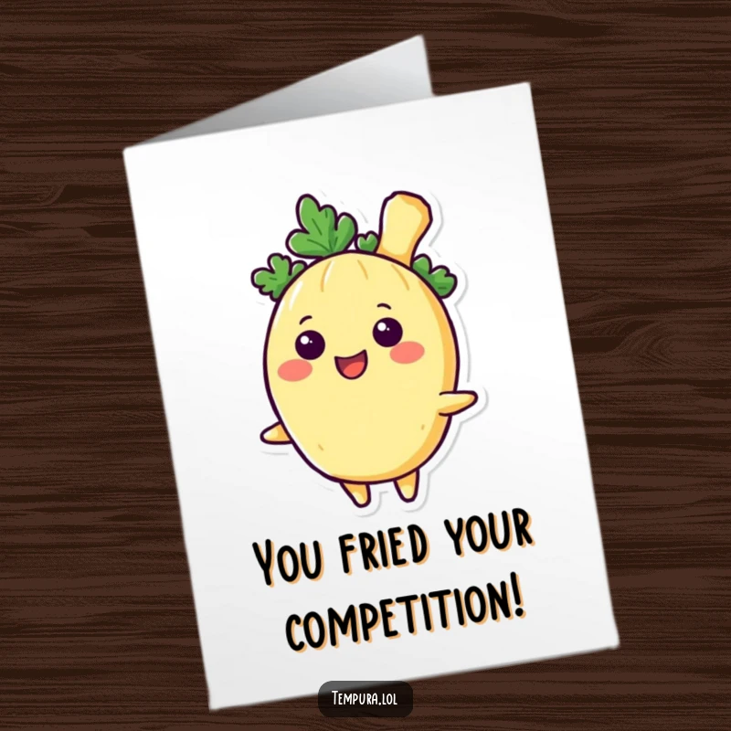 Funny Free Printable Congrats Card: A smiling tempura vegetable character offering warm congratulations, a delightful way to celebrate.
