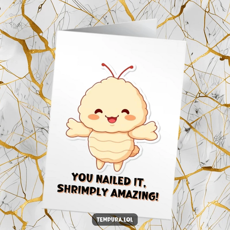 Funny Free Printable Congratulations Card featuring a fluffy tempura shrimp character with arms wide open for a congratulatory hug.