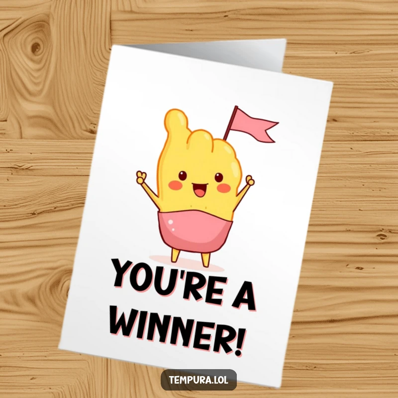 Funny Free Printable Congratulations Card: A tempura character enthusiastically waves a tiny flag, celebrating a momentous achievement.