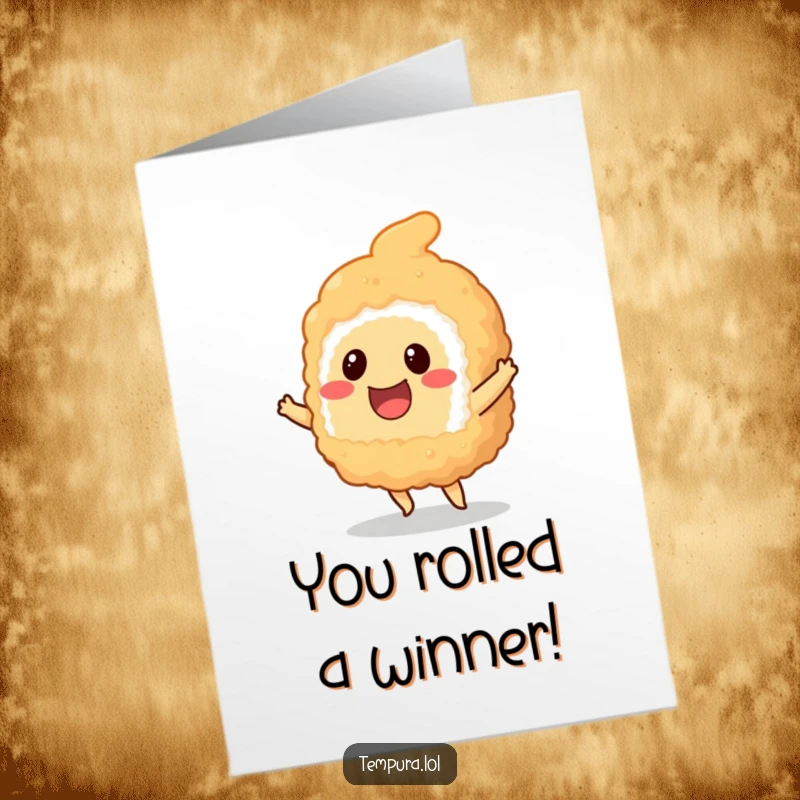 Funny Free Printable Congratulations Card: A smiling tempura sushi piece cheerfully doing a little dance to celebrate achievements.