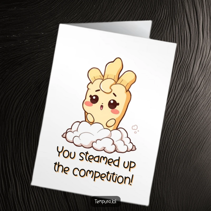 Funny Free Printable Congrats Card: Excited tempura character winking as it rises from a pile of steam.