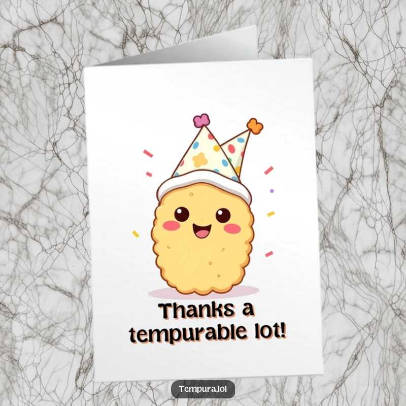 Funny Free Printable Thank You Card featuring a smiling tempura character in a party hat, sending confetti for a festive thank you.