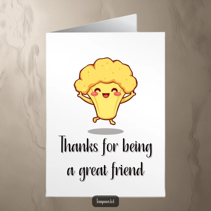 Funny Free Printable Tempura Broccoli Thank You Card: A cheerful broccoli character dancing happily with visible little legs.