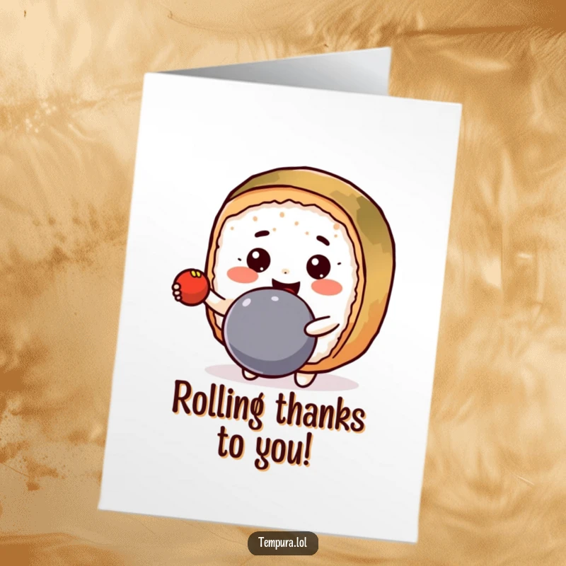 Funny Free Printable Thank You Card: A happy Kawaii sushi roll bounces a ball, sending thanks in a cute downloadable format.