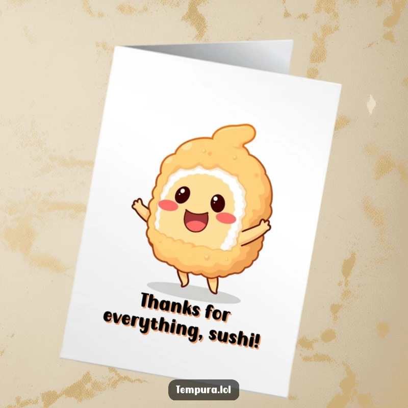 Funny Free Printable Thank You Card: A smiling tempura sushi piece is captured mid-dance, expressing gratitude.