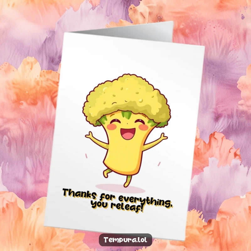 Funny Free Printable Thank You Card featuring a grinning tempura broccoli character dancing happily to express gratitude.