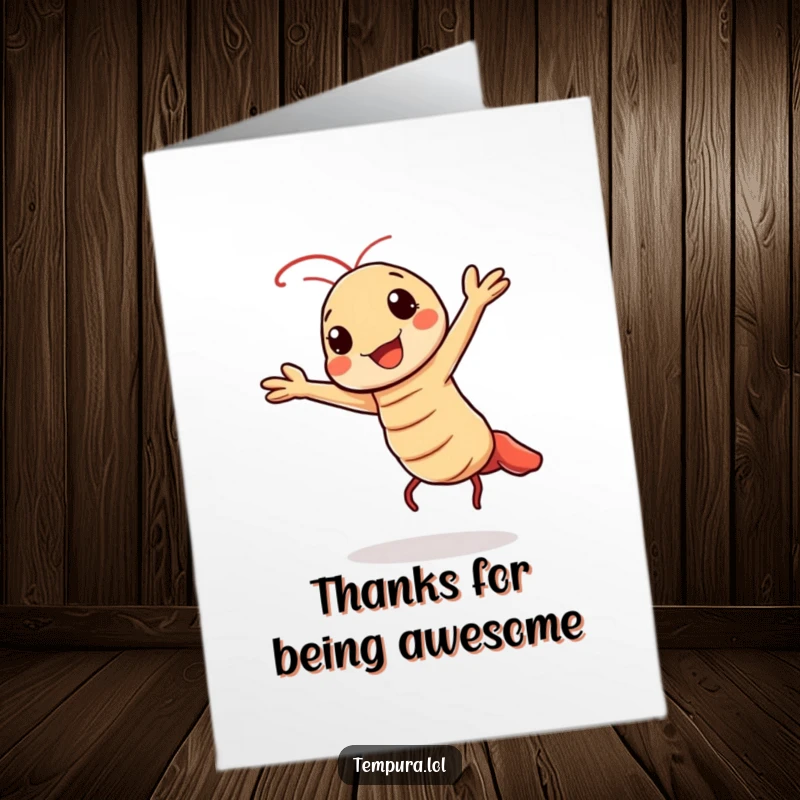 Funny Free Printable Thank You Card: Kawaii Tempura Shrimp Character Dancing Cheerfully
