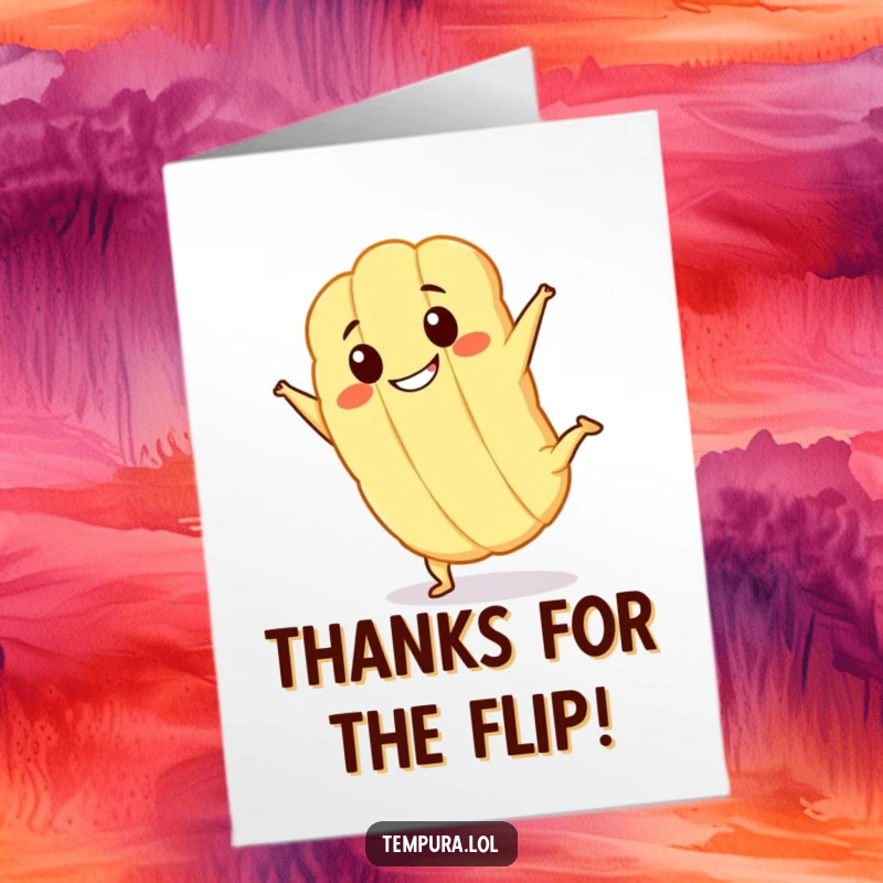Funny Free Printable Thank You Card: Kawaii tempura character doing a big-grin cartwheel, expressing thanks with a playful, downloadable design.
