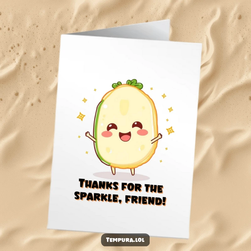 Funny Free Printable Thank You Card of a happy tempura vegetable slice juggling tiny sparkles to express thanks.