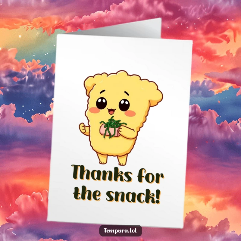 Funny Free Printable Thank You Card of a tempura character offering a tiny piece of seaweed.